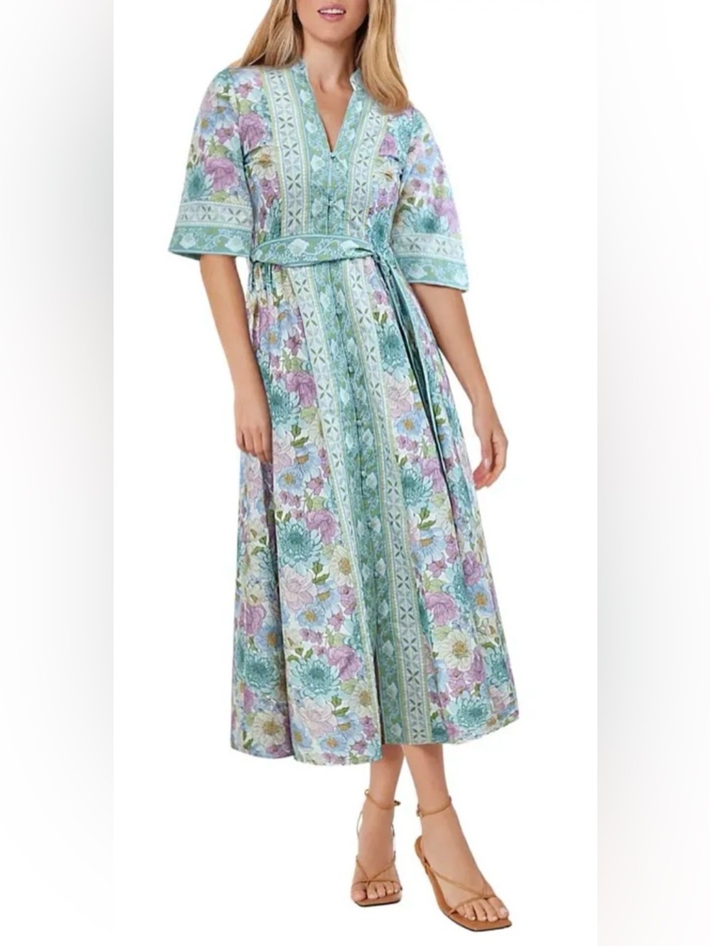 Hermoza Alessia collared maxi dress Floral Mint Midi Dress with Belt Sz XS